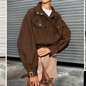 Belted Collar Cotton Blend Cropped Jacket